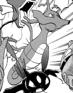 Kingdra was originally under Green's ownership during the past, but was exchanged with Silver for his Snubbull. Later, they returned their Pokémon during the Yellow chapter, whereupon it evolved into a Seadra. In an attempt to evolve both their Pokémon, Gold and Silver traded their Poliwhirl and Seadra respectively. Seadra then evolved into Kingdra, but Gold was disappointed as his Poliwhirl evolved into Politoed. It is notable that Kingdra is Silver's only known female Pokémon, and was given the nickname (タッちゃん Tat-chan) whilst under the care of Green.