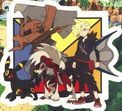 Gladion with his Umbreon, Lycanroc, and Type: Null