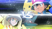 Korrina and Mega Lucario vs. Ash and Pikachu