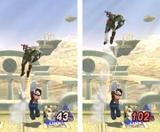 A split screenshot from  showing  punching  upward, causing Link's percentage to increase from the damage taken as he is sent flying upward.