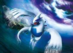 A portrait of the Pokémon Lugia flying with a blue sky background