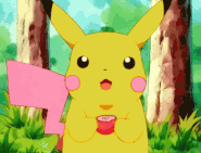 Ash's Pikachu eating a Pinkan Berry.
