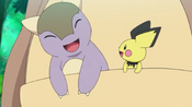 Pichu and the Kangaskhan baby in its mom's pouch