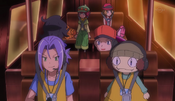 Team Rocket, Professor Sycamore, Serena and Mairin in the helicopter going to Team Flare's base