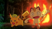 Pikachu, Meowth and Squishy being chased by the flame spirit again