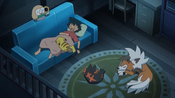 Ash and his Pokémon are sleeping