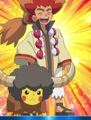 Ash and Pikachu as Alder and Bouffalant