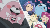 The Team Rocket trio with Bewear and Stufful