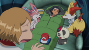 Serena and her Pokémon are relieved that Ash didn't wake up