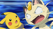 Meowth yells at Pikachu