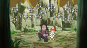 Goh and Scorbunny encountered a swarm of Beedrill