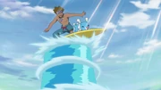 Brionne on a surfboard with Kanoa.