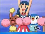 Dawn and her Pokémon cheer