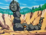 It went on a rampage for reasons unknown until Bruno found the source of its pain: A wild Sandslash getting caught between the two rocks. Onix was so grateful that it accepted Bruno as its partner. This Onix has a cross-shaped scar on its right eye.