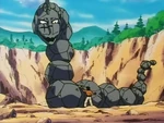 It went on a rampage for reasons unknown until Bruno found the source of its pain: A wild Sandslash getting caught between the two rocks. Onix was so grateful that it accepted Bruno as its partner. This Onix has a cross-shaped scar on its right eye.