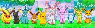Eevee with all of its evolved forms alongside Pikachu in the anime short Eevee & Friends