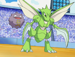 The female Trainer used her Scyther in the Hearthome Tag Battle contest.
