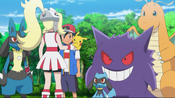 Ash introduces his Pokémon to Korrina and Lucario and vice versa.
