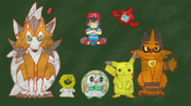Rowlet with Ash, Melmetal as Meltan, Lycanroc, Incineroar as Torracat and Pikachu in a fantasy