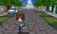 Calem rollerblading in Lumiose City