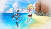 Riolu and Korrina running at the beach