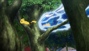 Pikachu dodging Clawitzer's Aqua Jet by running from tree to tree