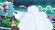 Ash-Greninja defeating Altaria with Water Shuriken as Titus watches.