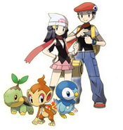 Dawn and Lucas along with the three starter pokemon.