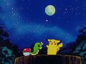 Pikachu and Caterpie bond under the night sky