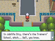 The player meeting Dawn upon their first visit to Jubilife City in Pokémon Diamond Version and Pokémon Pearl Version