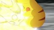 Pikachu trying to withstand Raichu's Volt Tackle.