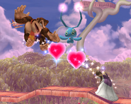 Manaphy with Donkey Kong and Zelda on the Rumble Falls stage.