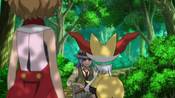 James, disguised as Jeeves, meets Serena and Braixen