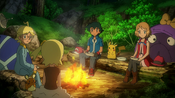 Ash, Serena, Bonnie and Clemont sitting by the campfire