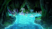 The heroes and the Pokémon from the swamp playing in the water