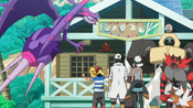 Ash together with Pikachu and his Alola Pokémon alongside both Professors, Professor Kukui and Burnet