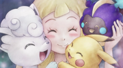 Lillie with Snowy, Pikachu and Nebby