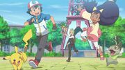 Ash with Cilan, Iris, Cilan's Pansage, Iris's Axew and his Pikachu