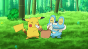 Pikachu and Froakie trying to pull Chespin out