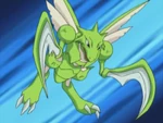 Scyther was Tracey's most recent capture. He is old and has trouble fighting longer than a few minutes, causing him to be defeated by a younger Scyther who then exiled him from the group. Scyther became Tracey's main Pokémon in the Pokémon Chronicles and it was used to battle against Butch's Pokémon such as Hitmontop and Mightyena.