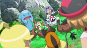 Clemont, Bonnie and Serena see the Shiny Phantump captured by Team Rocket