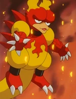 Magmar is Blaine's last, and most powerful, Pokémon. It gave Ash's Pikachu quite a beating before Ash forfeit. When Team Rocket froze the volcano Magmar had to clog up a lava flow from the inside. After receiving help from Charizard, it wanted to see how strong it can be so Blaine challenged Ash to a rematch where Ash won the Volcano Badge.