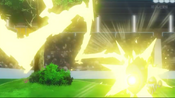 Pikachu attacks Clawitzer with a super effective Thunderbolt.