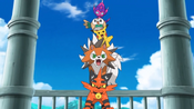 As Torracat doing a pyramid with Lycanroc, Pikachu, Rowlet and Poipole