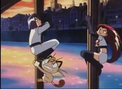 Team Rocket stuck under a bridge (literally) demanding Wobbuffet to help them.