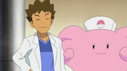 Blissey with Brock in a Sinnoh Pokémon Center