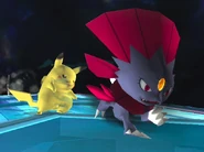 Weavile with Pikachu on the Final Destination stage.