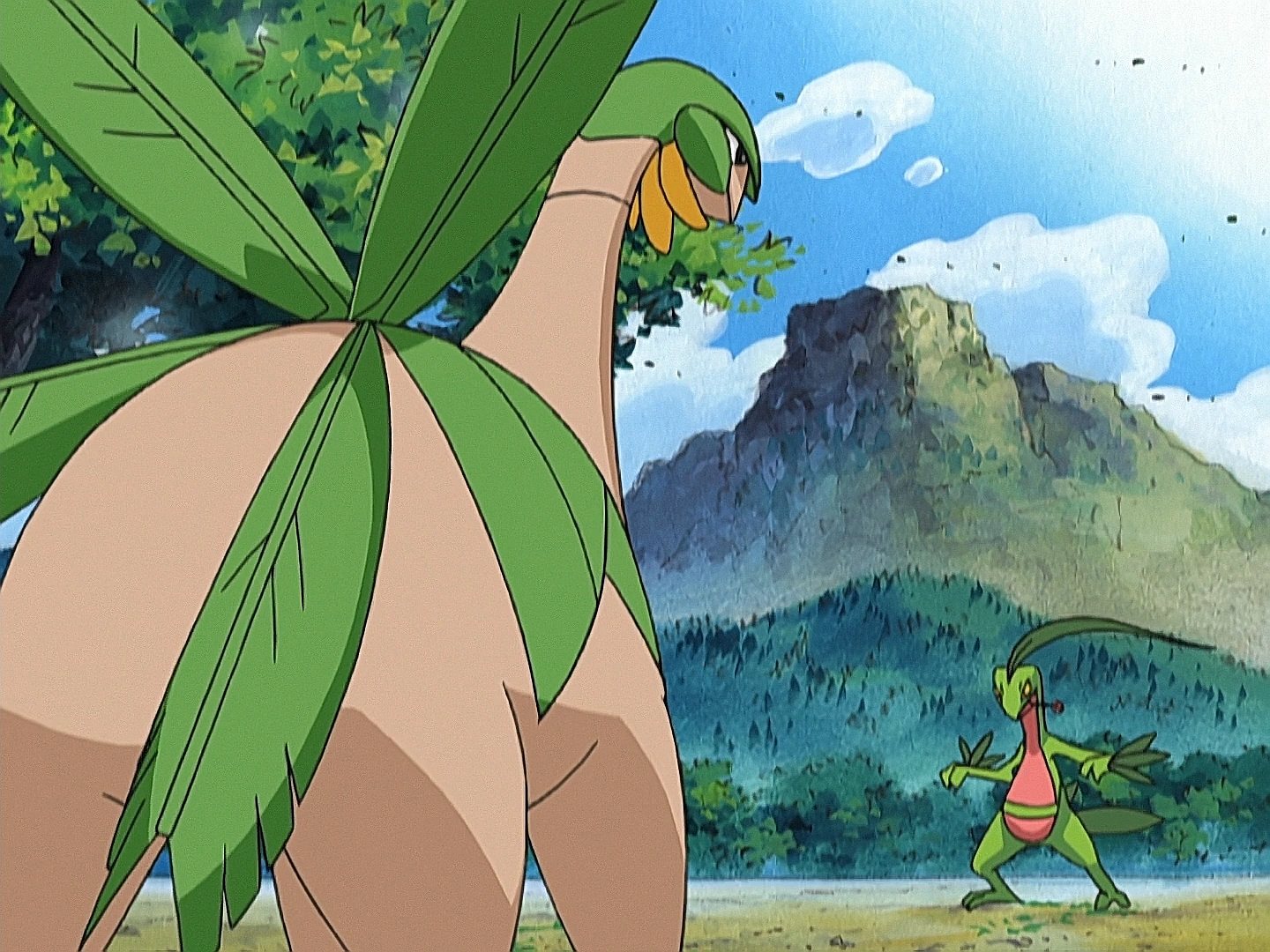 Tropius about to battle Ash's Grovyle.