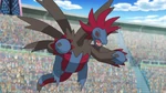 Hydreigon was his "secret weapon". It was the first Pokémon chosen by Cameron against Ash in the Unova League. It first battled Ash's Boldore. Both Pokémon fought hard but Hydreigon was able to easily dodge all of Boldore's attacks and finally knocked him out with Dragon Pulse. Ash's Oshawott battled Hydreigon next and both Pokémon gave a tough fight. Oshawott's Razor Shell was later countered by Hydreigon's Double Hit, which was then followed by a Dragon Rush, defeating Oshawott. Ash's Pignite fought next against Hydreigon and was able to knock it out with Brick Break.