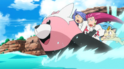 Team Rocket fishes out their Bewear, rides on it and blasts off into the sky